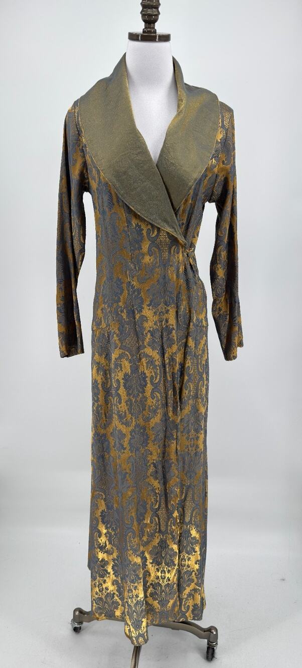 Vintage 90s Victoria's Secret Blue Gold Damask Jacquard Long Robe Sz XS